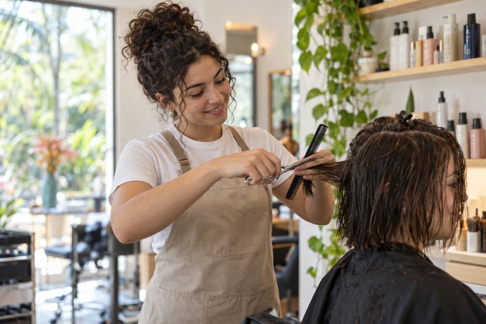 Une apprentie coiffeuse coupe les cheveux d’une cliente dans un salon lumineux